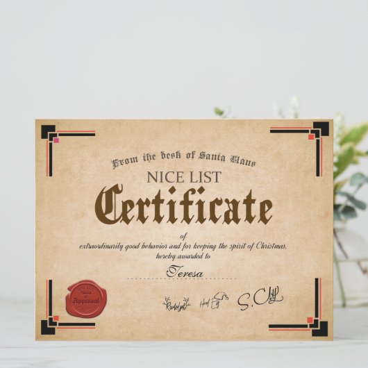 Officiële Santa Nice List Certificate Holiday Card Kaart (Staand voorkant)