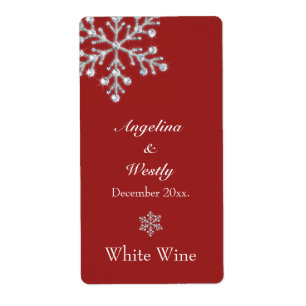 Offset Crystal Snowflake Wedding Wine Label (rood)