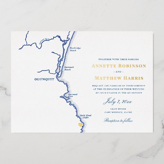 Ogunquit Maine Bruiloft Elegante Marine en Goud Folie Uitnodiging (Voorkant)