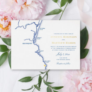 Ogunquit Maine Trouw Elegant Navy en Goud Folie Uitnodiging