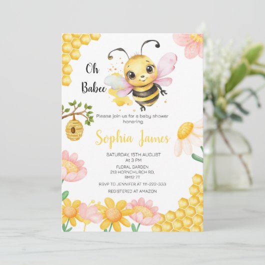 Oh Babee Honey Bee Girl Baby shower Kaart (Staand voorkant)
