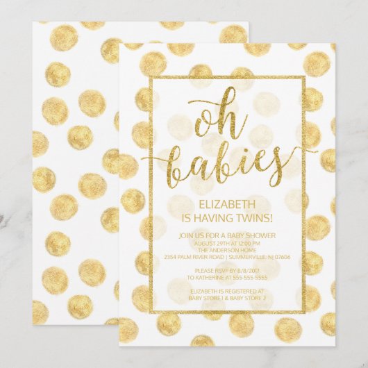 Oh Babies ! Gold Dots Twins Baby shower Invitation (Devant / Derrière)