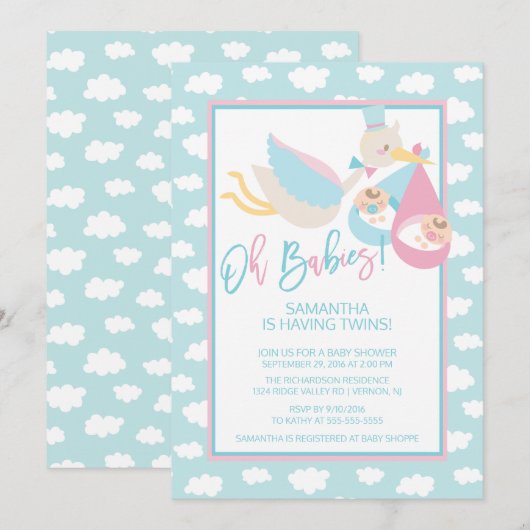 Oh Babies ! Invitation Baby shower jumeau Stork (Devant / Derrière)