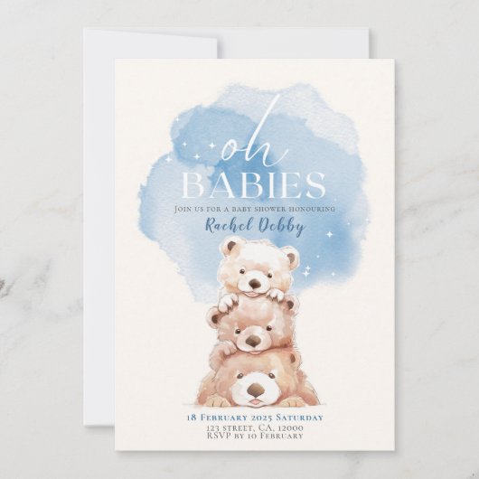 Oh Babies Ours Baby shower Invitation triplet bleu (Devant)