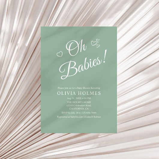 Oh Babies Sage Green Twin Baby Shower Invitation