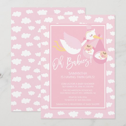 Oh Babies ! Stork jumelles Baby shower Invitation (Devant / Derrière)