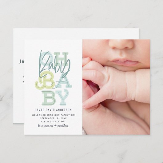 Oh baby baby moderne foto geboorteaankondiging briefkaart (Voorkant / Achterkant)