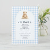 Oh Baby Beer Blauwe Gingham Baby Shower Kaart (Staand voorkant)
