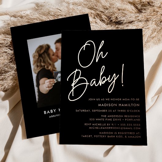Oh Baby Black en Roos Gold Script Baby shower Folie Uitnodiging