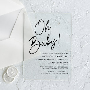 Oh Baby Black Script Minimalistisch Baby shower Acryl Uitnodigingen