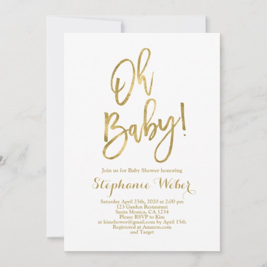 Oh Baby blanc et or baby shower Invitation (Devant)