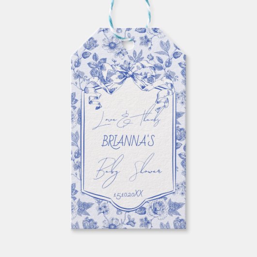 Oh baby blauw toile de jouy sketch baby shower cadeaulabel (Voorkant)