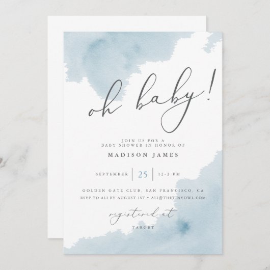 Oh baby blauw Waterverf Baby shower uitnodigen Kaart (Voorkant / Achterkant)