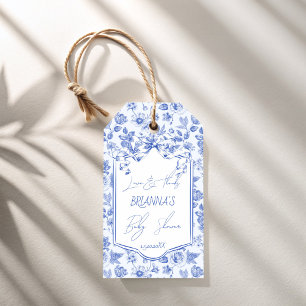 Oh baby blauwe toile de jouy schets baby shower cadeaulabel