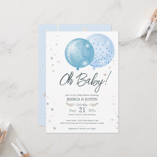 Oh Baby Blue Balloons Baby shower Kaart (Voorkant / Achterkant in situ)