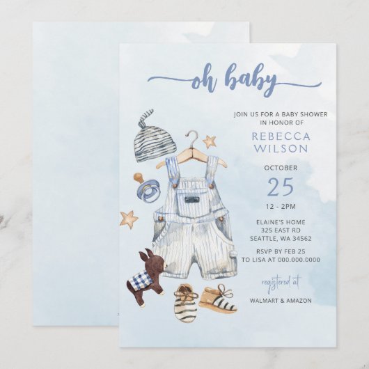 Oh Baby Blue Boho Boy Baby shower Invitation (Devant / Derrière)