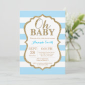 Oh Baby Blue en Gold Baby shower Uitnodiging (Staand voorkant)