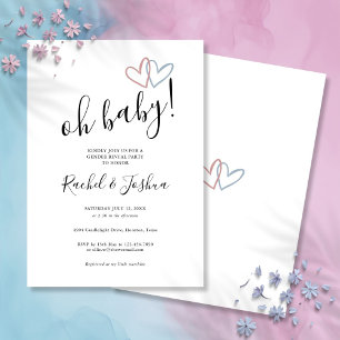 Oh Baby Blue en Pink Hearts Gender Reveal Party Kaart