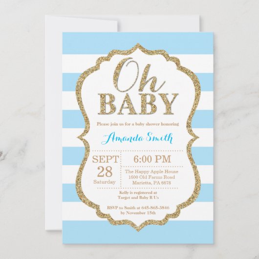 Oh Baby Blue et Gold Baby shower Invitation (Devant)