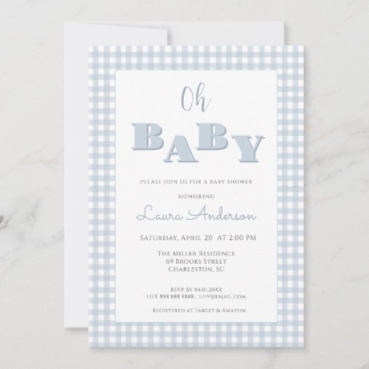 Oh Baby Blue Gingham Check Boy Baby shower Kaart (Voorkant)