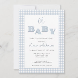 Oh Baby Blue Gingham Check Boy Baby shower Kaart
