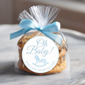 Oh Baby Blue Rocking Horse Baby Shower Favor Ronde Sticker