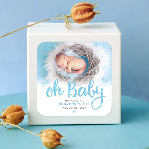 Oh Baby Blue Script Sweet Modern Boy Geboortefoto Vierkante Sticker