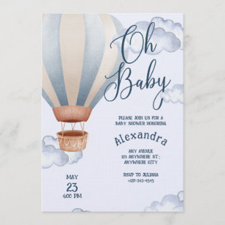 Oh Baby Blue Watercolor Air Balloon Baby Shower Kaart