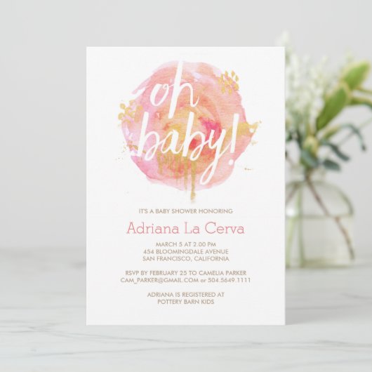 Oh Baby Blush aquarelle Baby shower Invitation (Debout devant)