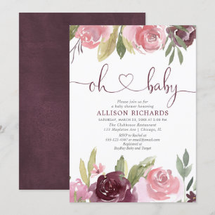 Oh baby Blush burgundy baby shower floral Kaart