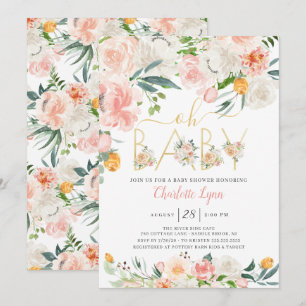 Oh Baby Blush Pink Gold Floral Baby shower Kaart