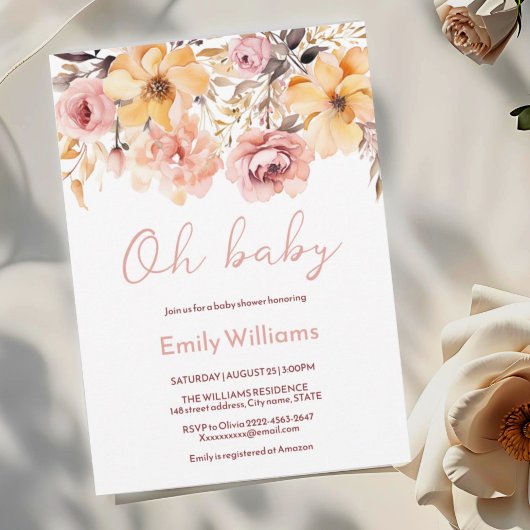 Oh Baby Blush Rose Floral Baby shower Invitation