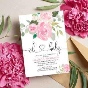 Oh Baby Blush roze baby shower florale waterverven Kaart
