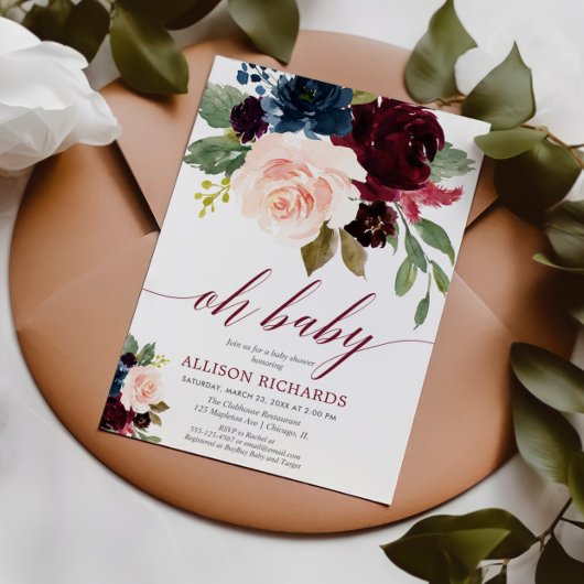 Oh Baby blush roze marsala marineblauw baby shower Kaart