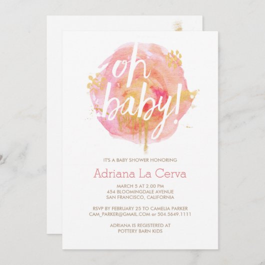 Oh Baby Blush waterverf Baby shower Uitnodiging (Voorkant / Achterkant)