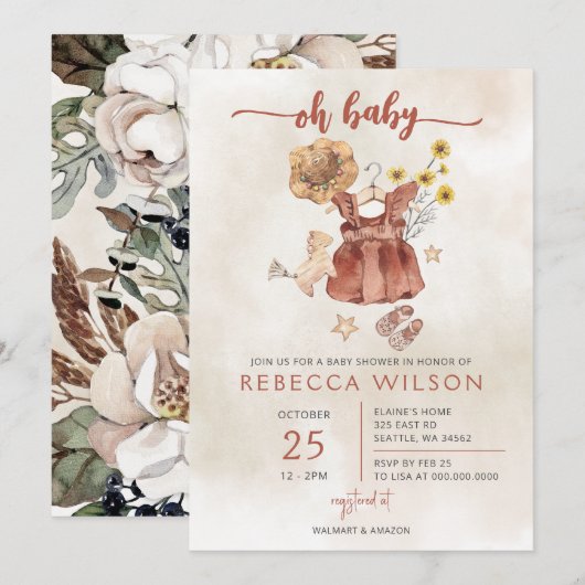 Oh Baby Boho Girl Baby shower Invitation (Devant / Derrière)