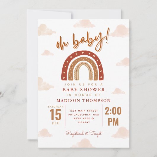 Oh Baby Boho Terracotta Rainbow Clouds Baby shower Kaart (Voorkant)