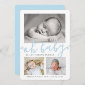 Oh Baby Boy Blue Script Collage Foto Birth Aankondiging (Voorkant / Achterkant)