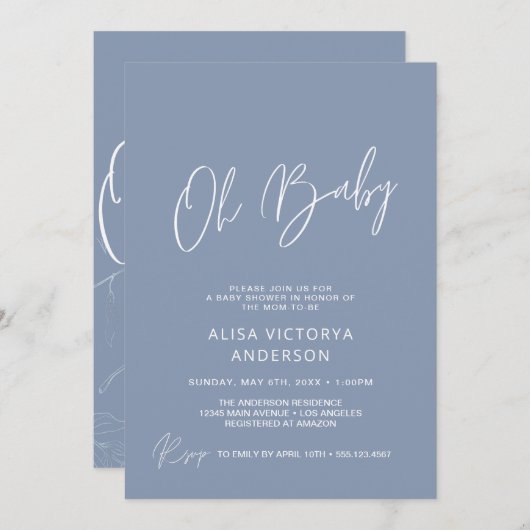Oh Baby Boy Dusty Blue Simple Shower Invitation (Devant / Derrière)