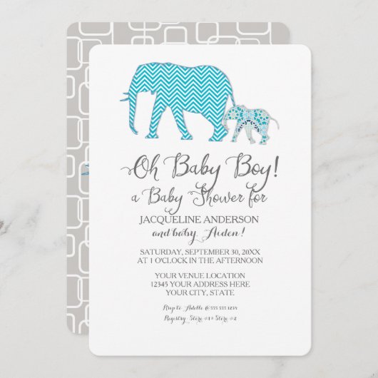 Oh Baby BOY Shower Elephant Typography Modern Kaart (Voorkant / Achterkant)