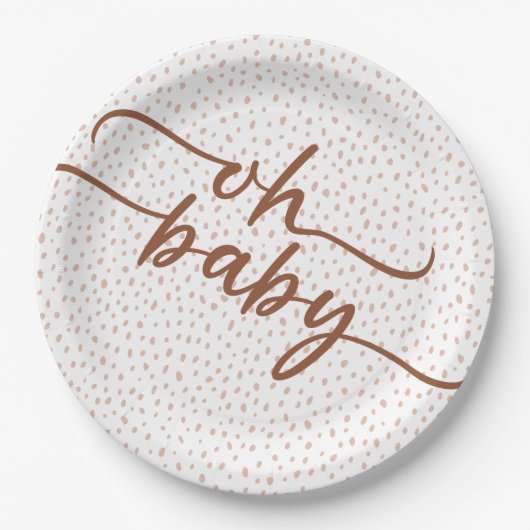 "Oh Baby" bruin script Baby shower Papieren Bordje (Voorkant)