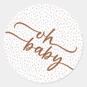 "Oh Baby" Bruin Script & Beige Stippen Baby shower Ronde Sticker