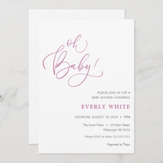 "Oh Baby" Calligrafie Roze Baby shower uitnodiging (Voorkant / Achterkant)