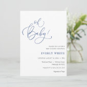 "Oh Baby" Calligraphie Baby shower bleu invitation (Debout devant)