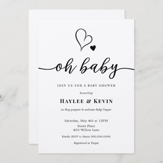 Oh Baby Calligraphy Douche invitation (Devant / Derrière)