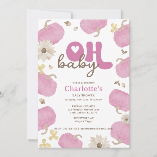 Oh Baby Citrouille rose  automne Invitation Baby s (Devant)