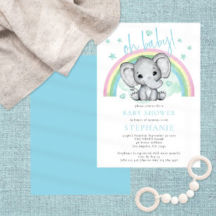 Oh Baby Cute Elephant Rainbow Blue Baby shower Kaart