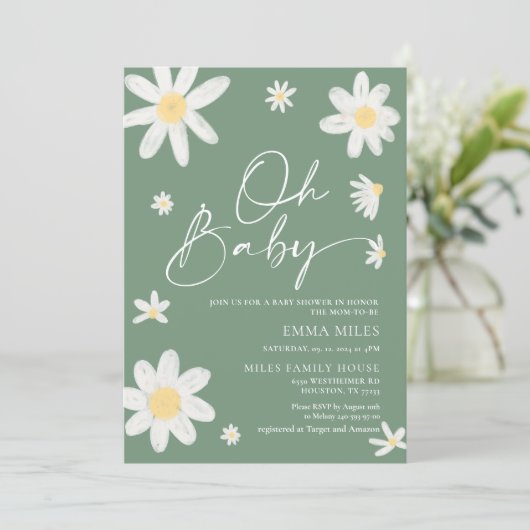 Oh Baby Daisy Sage Green Baby shower Invitation (Debout devant)