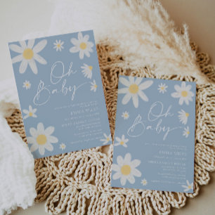 Oh Baby Dusty Blue Daisy Baby shower Invitation Kaart