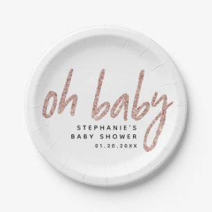 Oh Baby Elegant Roos Gold Pink Glitter Baby shower Papieren Bordje